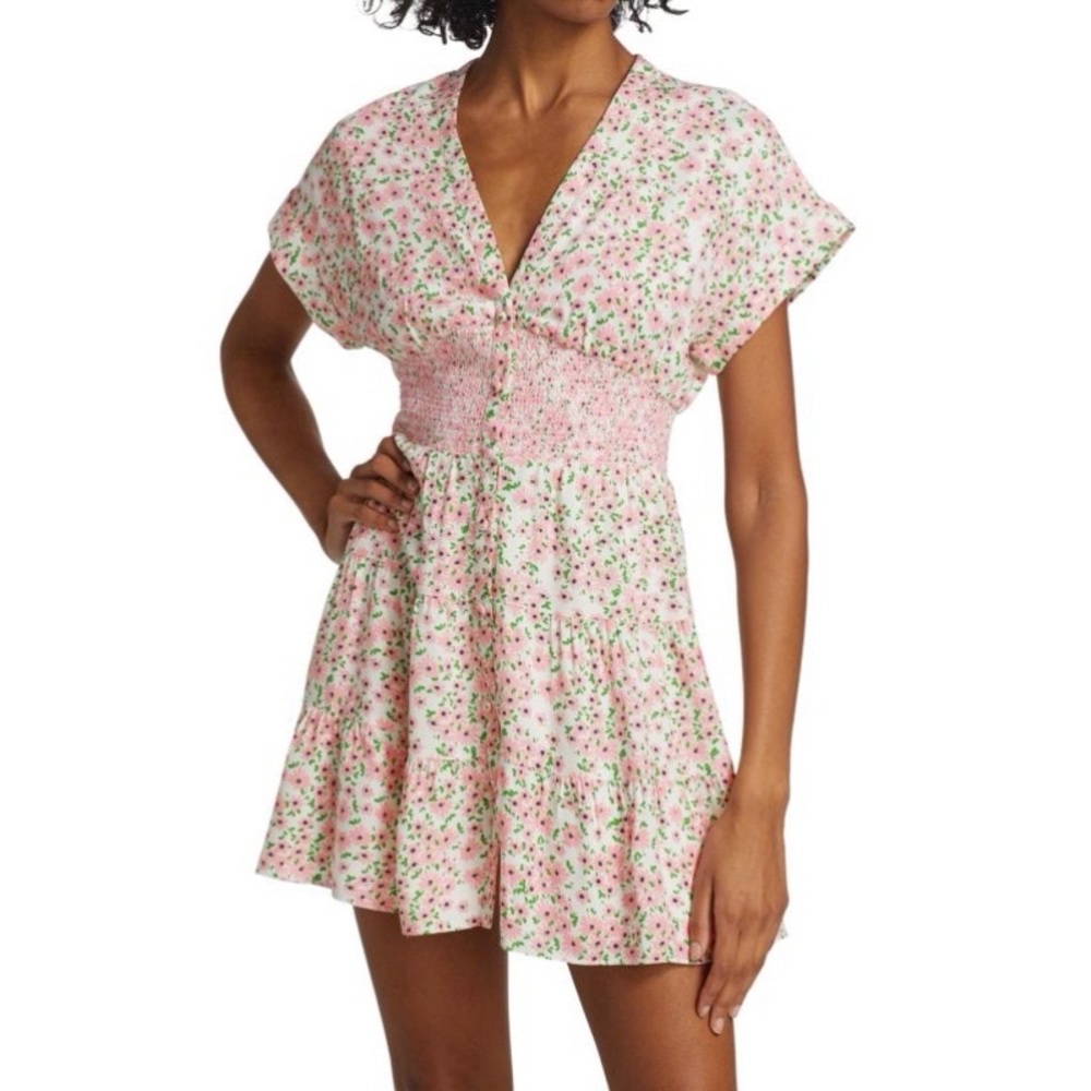 ALICE + OLIVIA - KEELA FLORAL SMOCKED WAIST MINI DRESS. Size 8